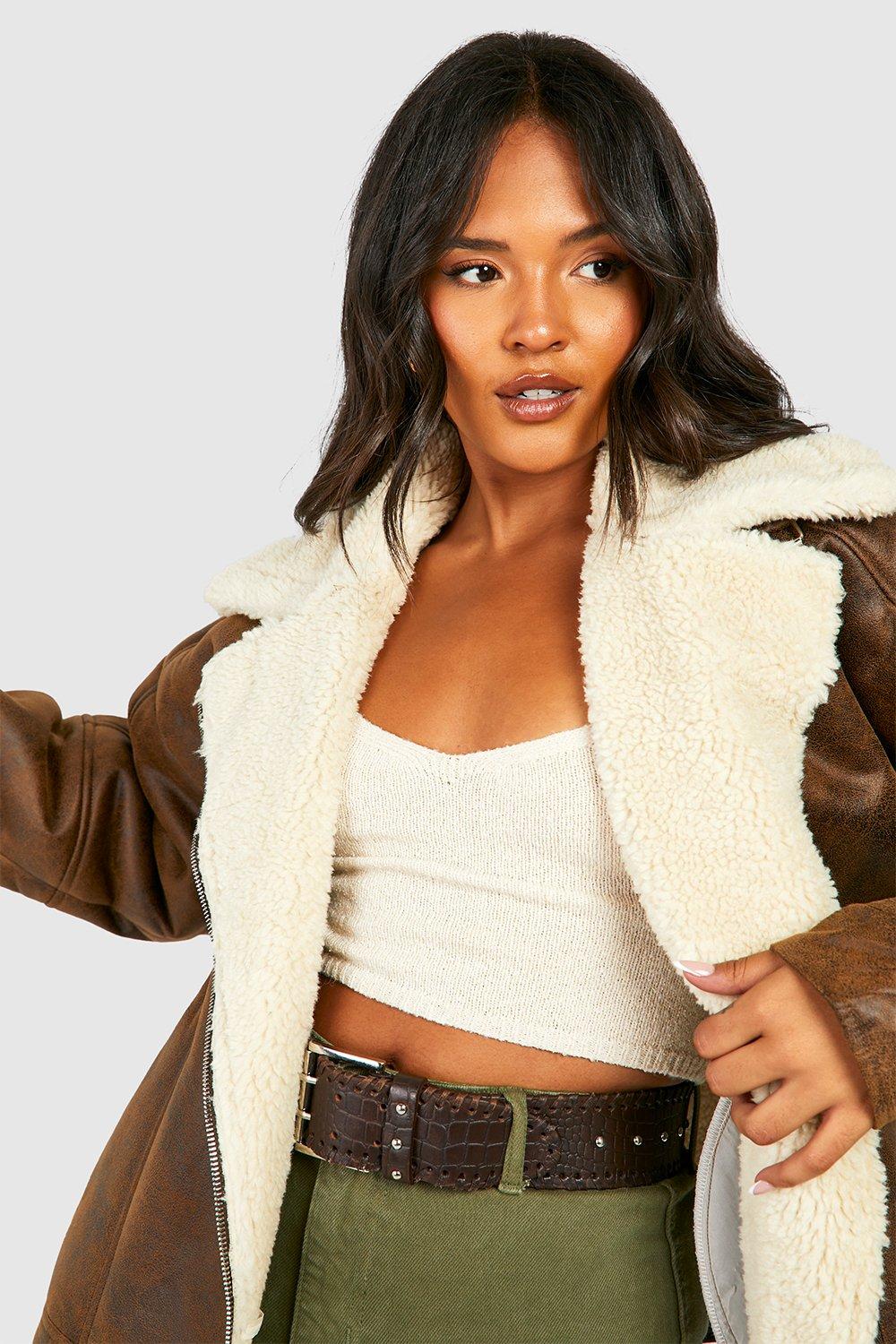 Plus Vintage Wash Faux Leather Aviator Jacket | boohoo USA